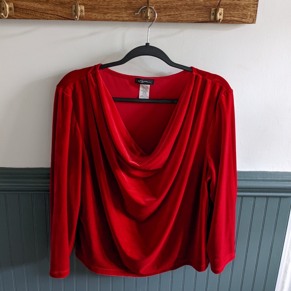 Red velvety drape boat neck top
